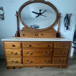Antique wooden and white marble 9 drawer dresser and night stand set with 2 drawer vanity mirror and 2 drawer night stands