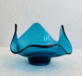 Vintage Viking Glass Blue Bluenique Bon Bon Handkerchief Epic Bowl USA MCM Thumbnail