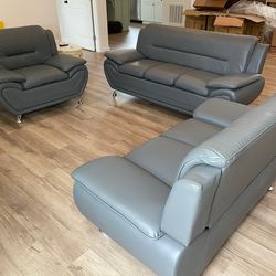 🩶 Brand new comfy grey leather sofa + loveseat - opt chair | Pay after delivery 🚚