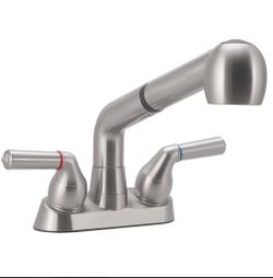 Utility Sink Faucet, Laundry Room Faucet with Pull Out Sprayer, Laundry Tub ABS Plastic Faucet, 4 Inch Centerset 3 Holes Installation Non-Metallic, Br