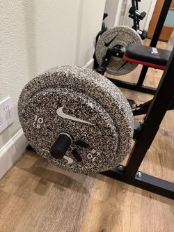 Bench, Nike Rubber Olympic Weight Plates, bench and stand
