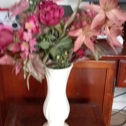 Vintage white flowers vase 10" in height with artificial flowers arraignment