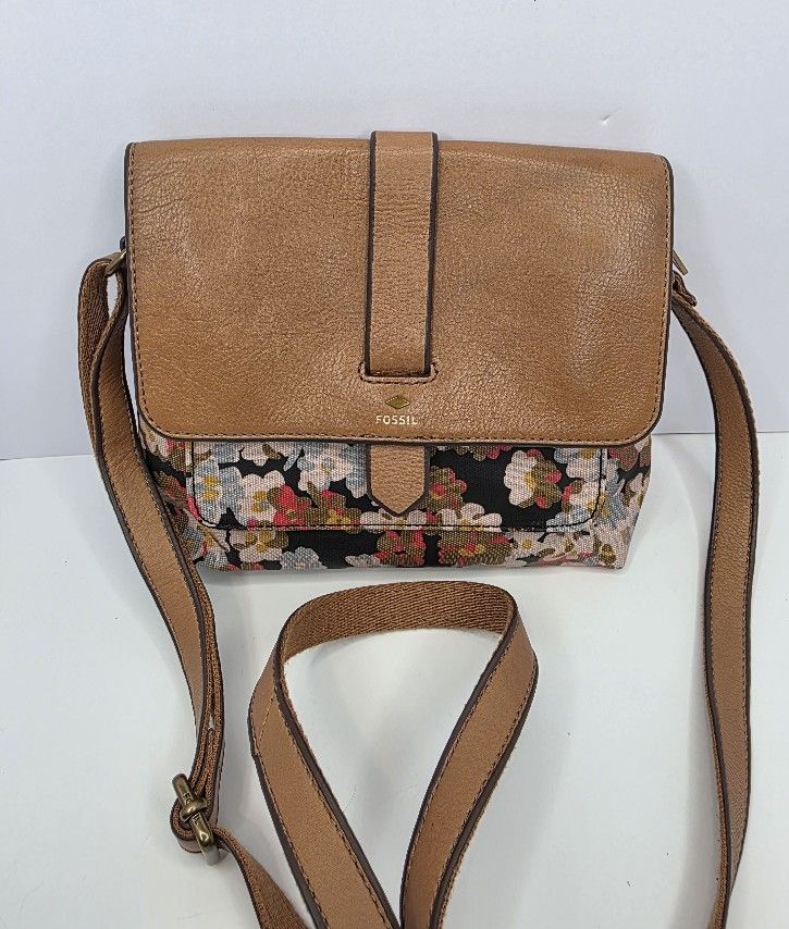 Fossil Cream Brown Tan Leather & Floral Coated Canvas Crossbody Shoulder Purse