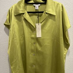 Rachel Zoe NTW Chartreuse Lime Green Short Sleeve Satin Button Down Blouse XL