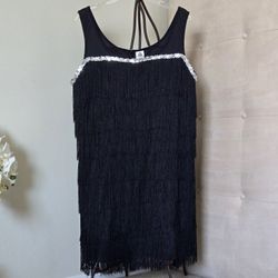 Spirit Halloween Flapper Dress, Black Fringe Mini Dress w Silver Sequin Detail