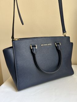 Michael Kors Selma Saffiano Leather Navy Blue Crossbody Handbag Purse Large