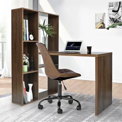 FurnitureR Phelps Modern Engineered Wood Computer Desk with Bookcase in Walnut Finish- BRAND NEW