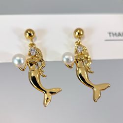 925 Silver Earpost Mermaid Real Freshwater Earrings