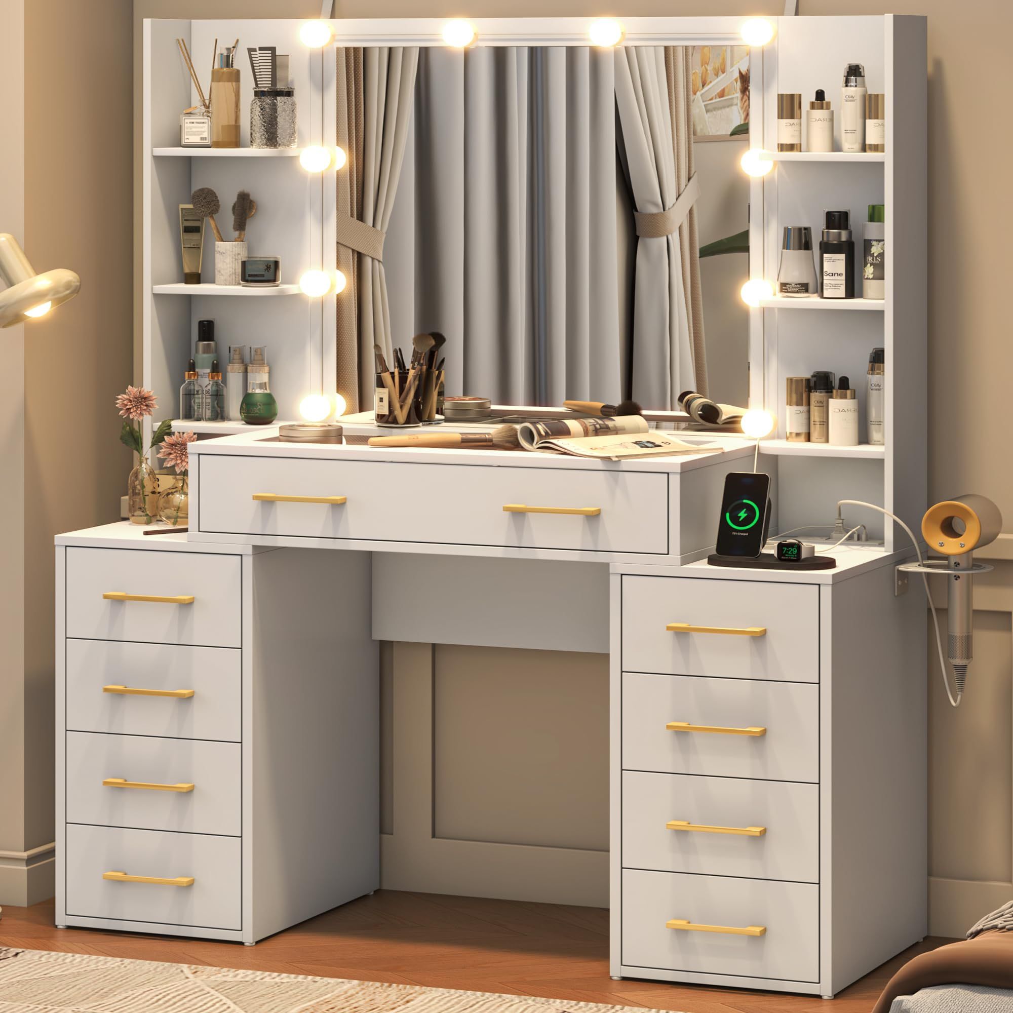 Large Vanity Desk with Mirror, Charging Station, LED Lights and Glass Top Table Set, White