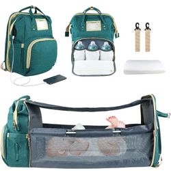 Diaper Bag with Changing Station, Nanssigy Travel Diaper Backpack Foldable Baby Bed with USB Charge Port, Multi-Function Mommy Bag for Newborn Girls B
