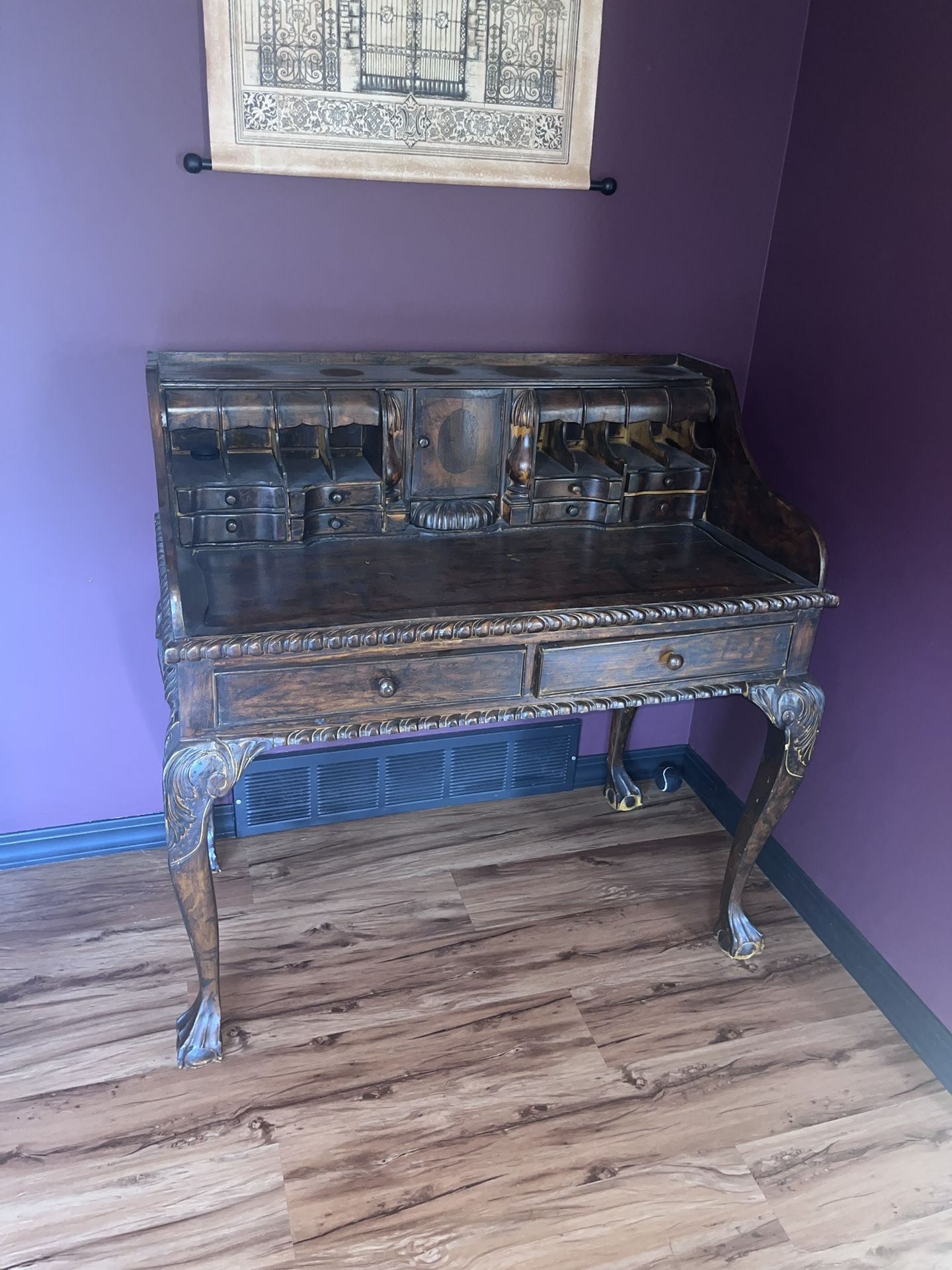Antique Writing Desk Wood Vintage Victorian Queen Anne Secretary Desk