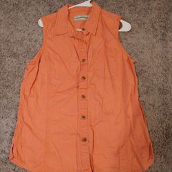 Orange Denim Sleeveless Button Up Shirt 