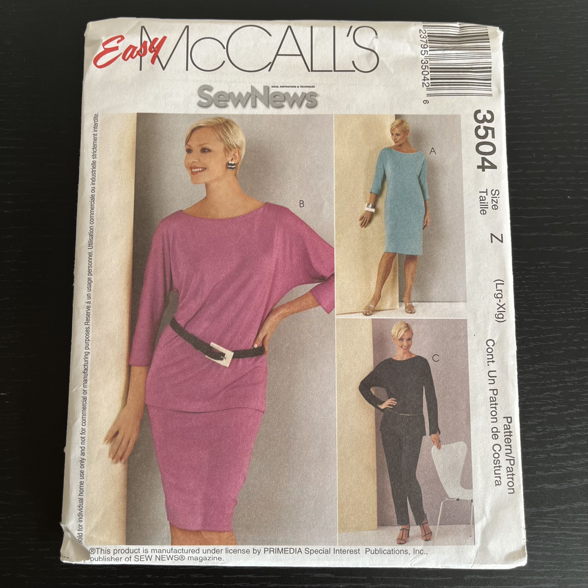 McCalls Sewing Pattern 3504 Size L - XL Dress Top Pants Skirt 2002