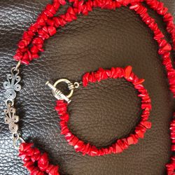Beautiful Double Strand Red Stone necklace with Matching Bracelet