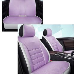 5 Seats Full Set Car Seat Covers,Linen Ice Silk Comfortable Automotive Vehicle Airbag Compatible,women Cushion for Cars SUV Pick-up Truck Universal Fi