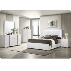 5 Piece White And Gold Bedroom Set Includes Queen Bed With LED Lights 1 Nightstand 1 Dresser 1 Mirror And 1 Chest All Brand New In Box Firm Price $999