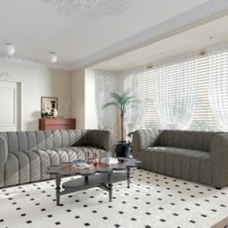 Brand New Charcoal Bench Style Sofa & Loveseat