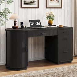 57.9'' Mid-Century Executive Desk With Drawers, File Cabinet And Power Outlet, Home Office Computer Desk With Storage Cabinet