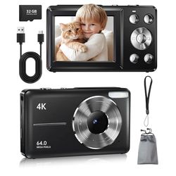 Brand new Digital Camera for Kids, 4K UHD Point and Shoot Camera with 18X Zoom, 48MP, 32 GB Memory Card, Auto Focus, Anti-Shake, Gift