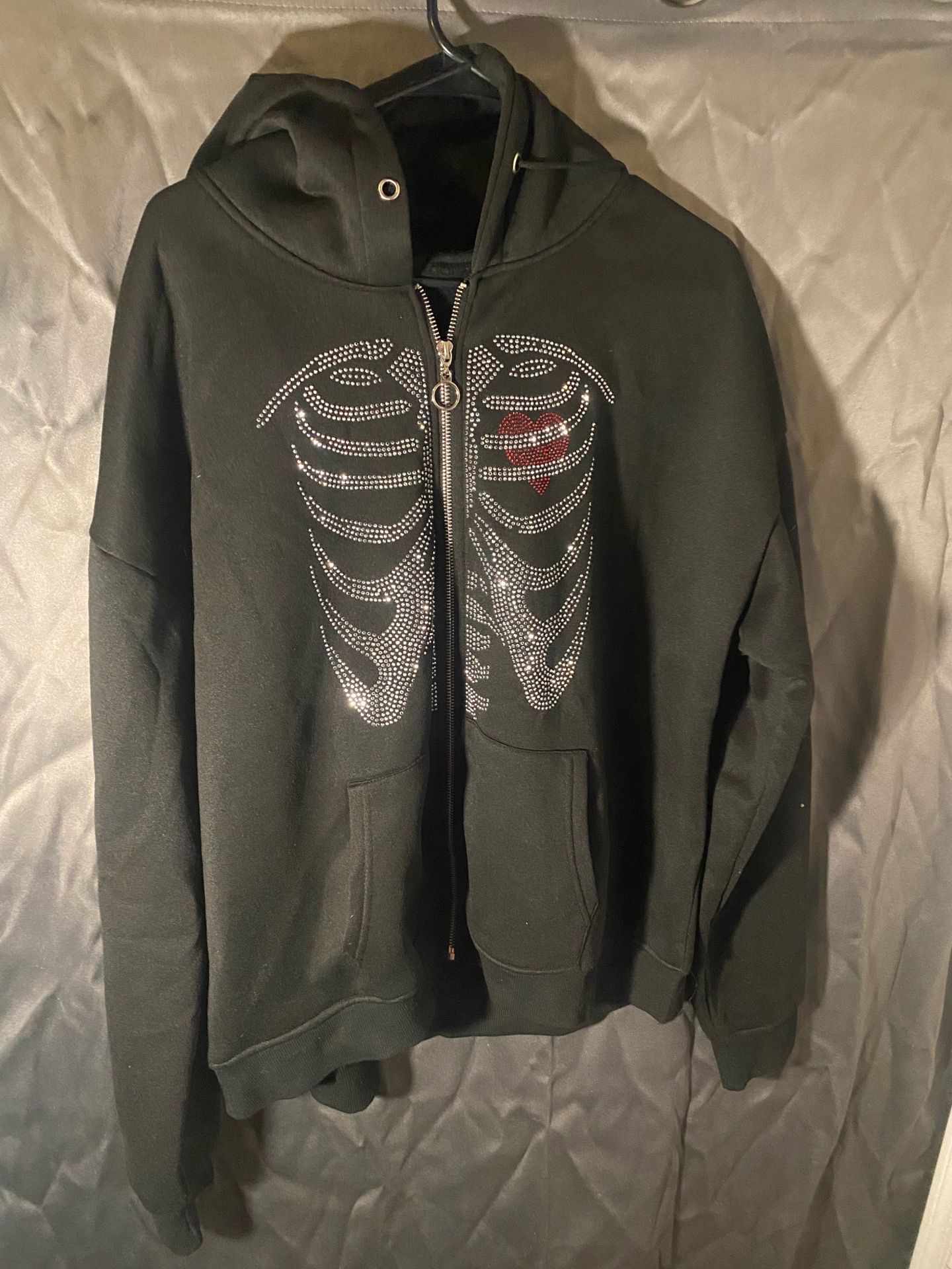 Romwe rhinestone skeleton black zip up hoodie