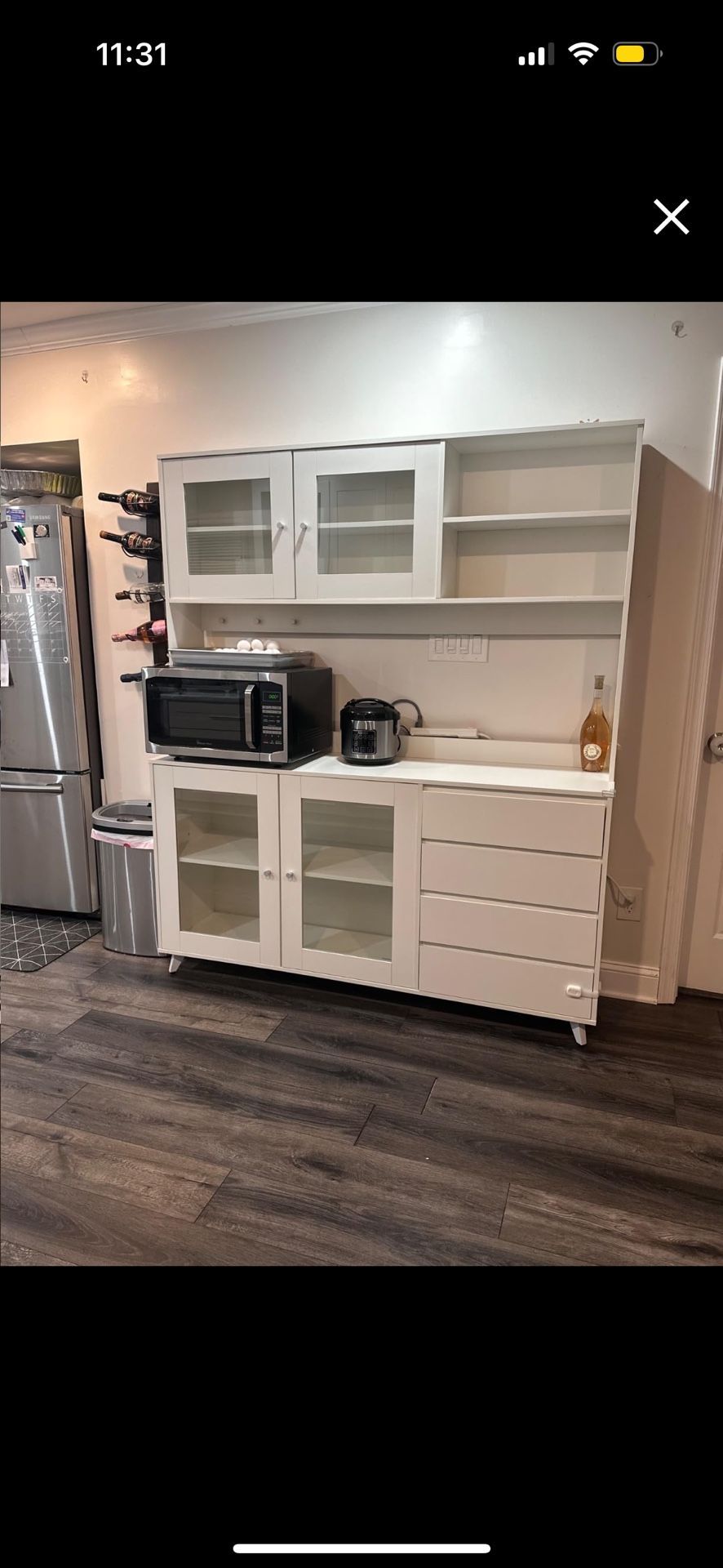 Large Kitchen Hutch Cabinet, Storage Cupboard Pantry with 4 Glass Doors, 4 Drawers & Microwave Shelf