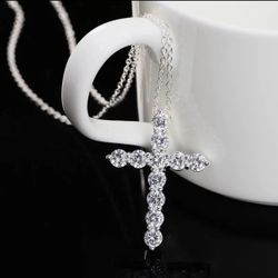 Luxury 925 Sterling Silver Necklace For Women Shiny crystal cross Pendant 18 inch Fashion wedding party Jewelry Christmas Gifts
