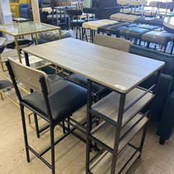 3 Tiers Dining Table Storage Open Shelves Kitchen Table w/ Chairs - Rustic Gray