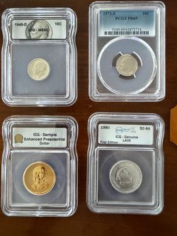 Lot of 4 Slabbed, Graded United States Coins & World Coin, Silver Dime Included
