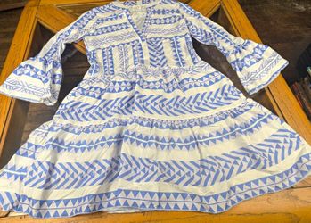 Arthur Jane Claire Blue/White Geometric Shirt Dress Bell 3/4 Sleeve Knee S