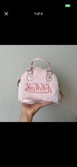 RARE 💗 Von Dutch Pink Faux Fur Bowling Bag Y2K Crossbody Handbag With Dust Bag