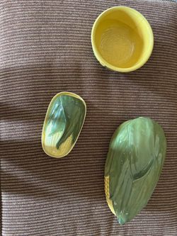 Vintage Shawnee Corn King serving pieces—butter dish, casserole dish, bowl