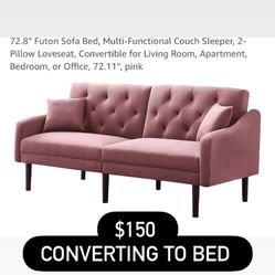 72.8" Futon Sofa Bed, Multi-Functional Couch Sleeper, 2-Pillow Loveseat, Convertible for Living Room, Apartment, Bedroom, or Office, 72.11", pink