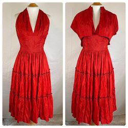 Vintage 70s Goody Juniors XS Red Tiered Halter Dance Dress Bolero Salsa Party