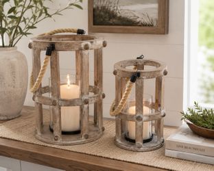 Rustic Wood Lantern Set - 2 Decorative Candle Holders