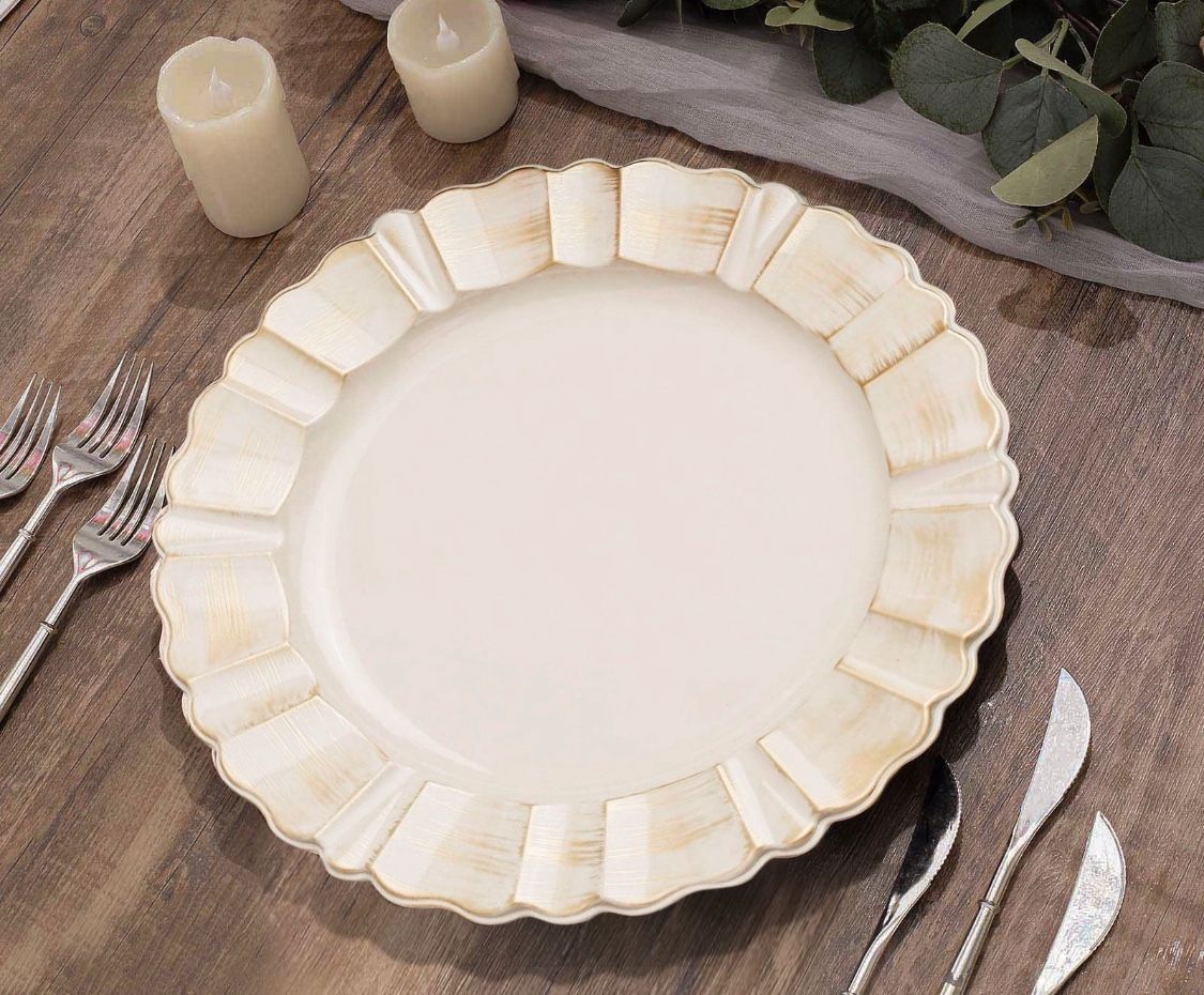 CHARGERS - Acrylic Plastic Charger Plates 13" Round Beige with Gold Brushed Wavy Scalloped Rim - Dinner Charger Tableware Pack of 6 Charger Plates
