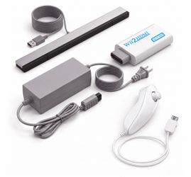 Nintendo Wii Accessory Bundle Nunchuck Sensor Bar AC Adapter Wii2HDMI Cables
