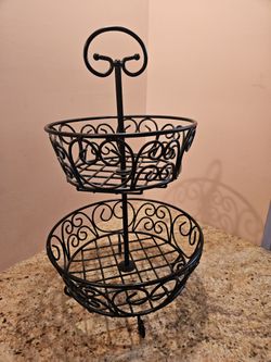 Two Tiered Black Metal Basket Stand