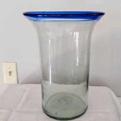 Large Vase Cobalt Blue Glass Rim Spanish Blown Glass Centerpiece