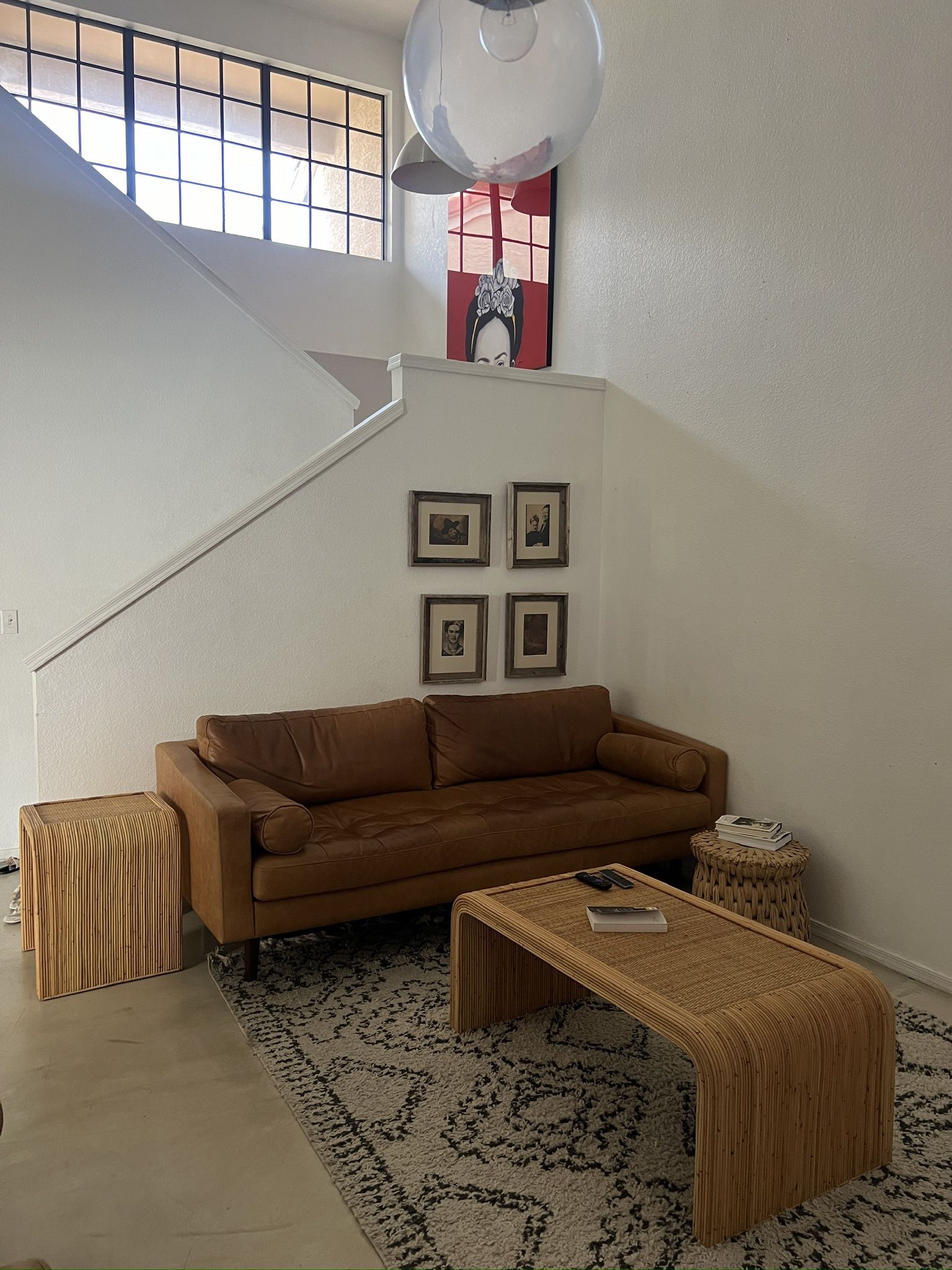 Leather Sofa With Boho Coffee Table And Side Table