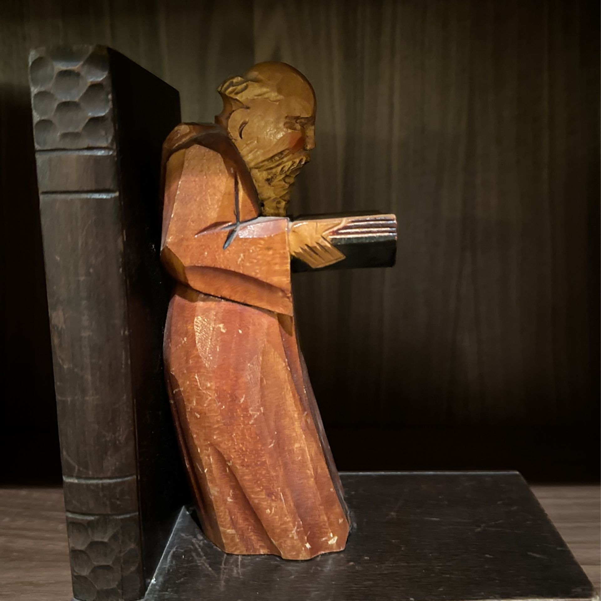 Vintage Pair of Hand-carved Wood Monks or Priests Reading Bookends