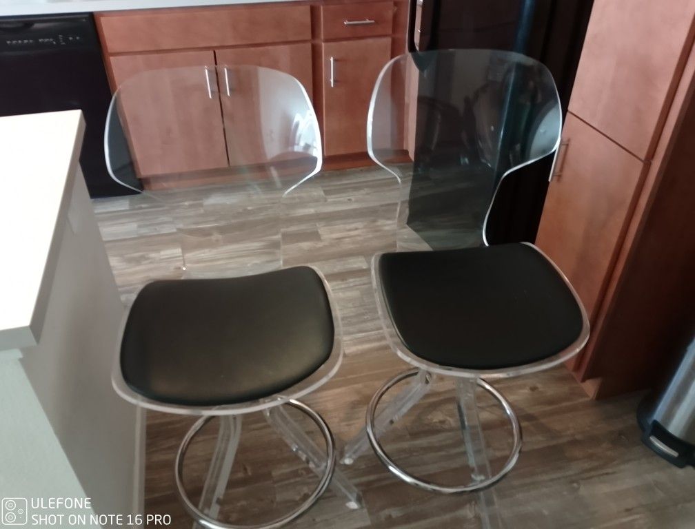 Two 1970's  Vintage Lucite & Chrome Swivel Bar Stools