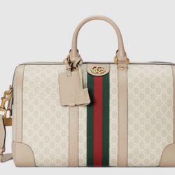 New Gucci Savoy Leather Canvas Duffle Bag Travel Beige White GG Red Green Gold