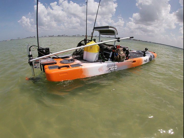 Kaku Voodoo hybrid kayak fishing sup with torqeedo tiller motor