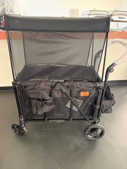 Wagon Stroller for 2 Kids, High Seat & 5 Point Harness, Foldable All-Terrain Wagon for Toddler with Canopy, Parent Organizer, Shoulder Bag, Adjustable