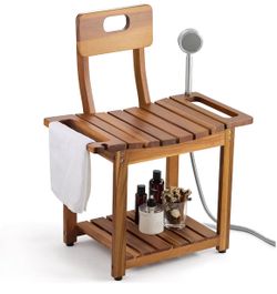 Bluewest 23.4 Inch Shower Chair with Backrest, 450 lb Capacity, Acacia Wood Heavy-Duty Bath Chair for Inside Shower or Tub with Non-Slip Feet, Storage