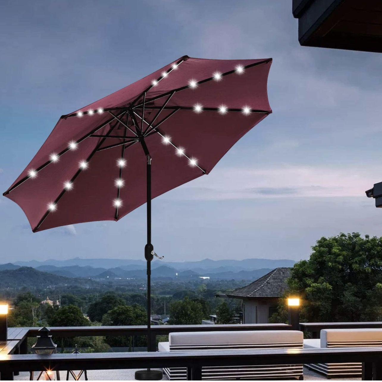 9FT Solar 24 LED Lighted Outdoor Patio Umbrella with 8 Ribs/Tilt Adjustment  and Crank Lift System (Wine) for Sale in Rancho Cucamonga, CA - OfferUp
