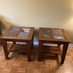 $75 for 2 Toscana  Wooden End Table , Slate Tiled,Dims: 25.25”Hx26x26/ Good Condition , See all pictures posted,Pickup in Lake Zurich