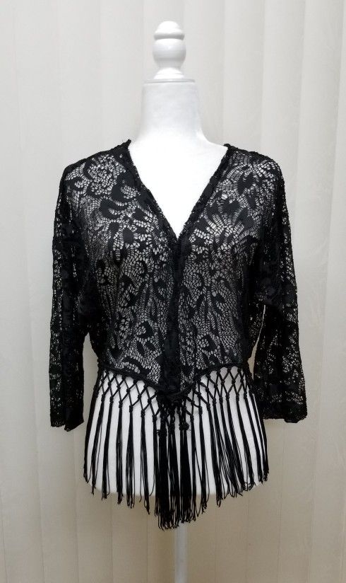 Womens Girls Black Lace Fringed Top M