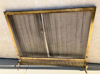 Vintage French Country Gold Metal & Brass Fireplace Screen with Metal Mesh Curtain 31 x 38