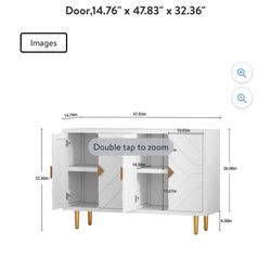 HLR 48'' White Modern Credenza Storage Cabinet with 4 Embossed Pattern Door,14.76" x 47.83" x 32.36"